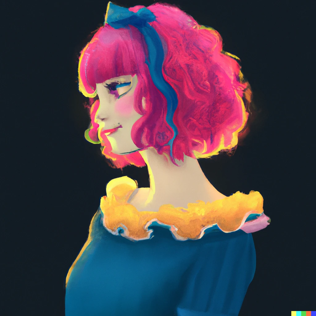 Prompt: Young girl with short wavy pink hair with bangs, wears a black headband, has long eyelashes with dark eyes and smiling faintly, wears a long-sleeved blue blouse with yellow frills, a long pink flare-skirt. looking sideways. Dark Digital art