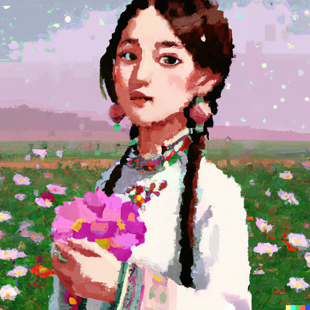 Prompt: girl with long dark brown braids with bangs, large brown eyes, wearing white traditional Mongolian  outfits, standing in the plains with a pink cosmos in her hand, looking sideways, pixel art