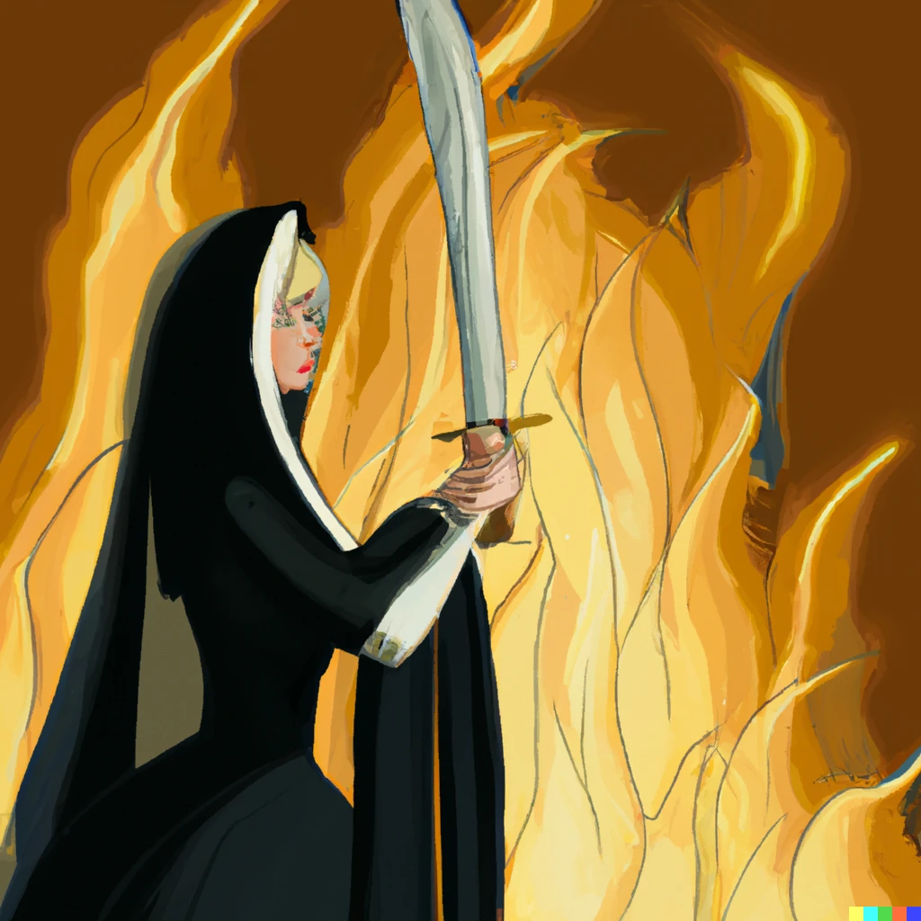 Prompt: A nun standing in the dark, surrounded by a deadly fire