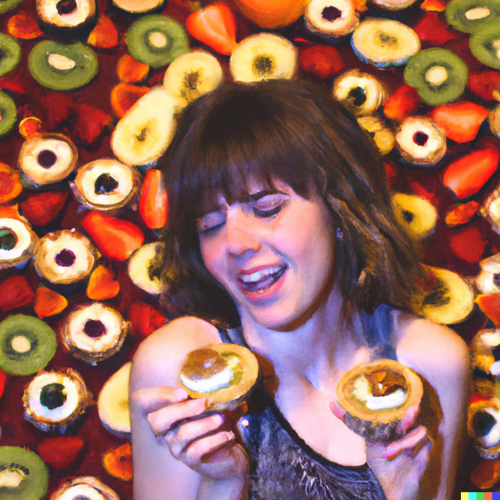 Prompt: A vivid photo of a young lady with  brown wavy bobcut hair with bangs, surrounded by   many colorful sparkling fruit tartlets 