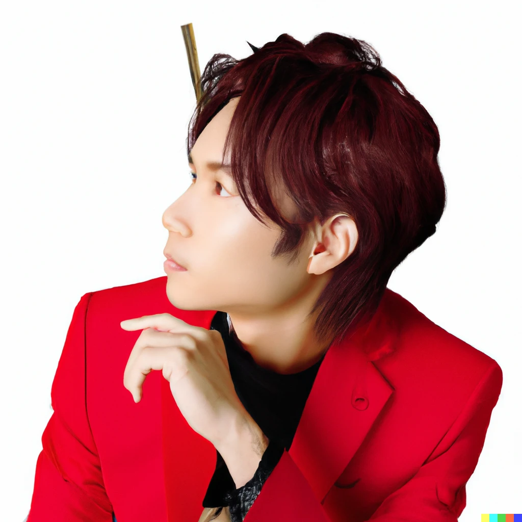 Prompt: An picture of a good-looking Japanese male idol singer with brown hair wearing a red suit and looking sideways