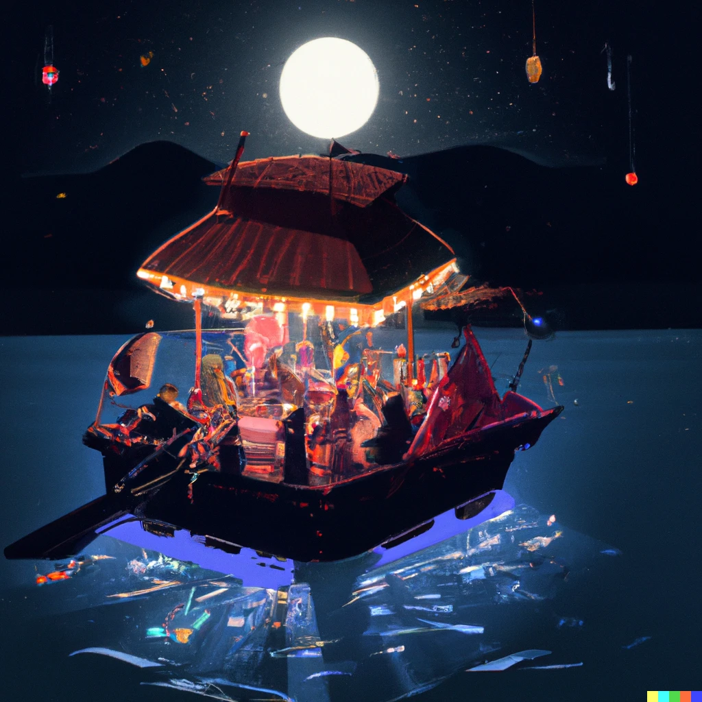 Prompt: A party taking place in a tiki-bar boat that’s floating on water at night, digital art