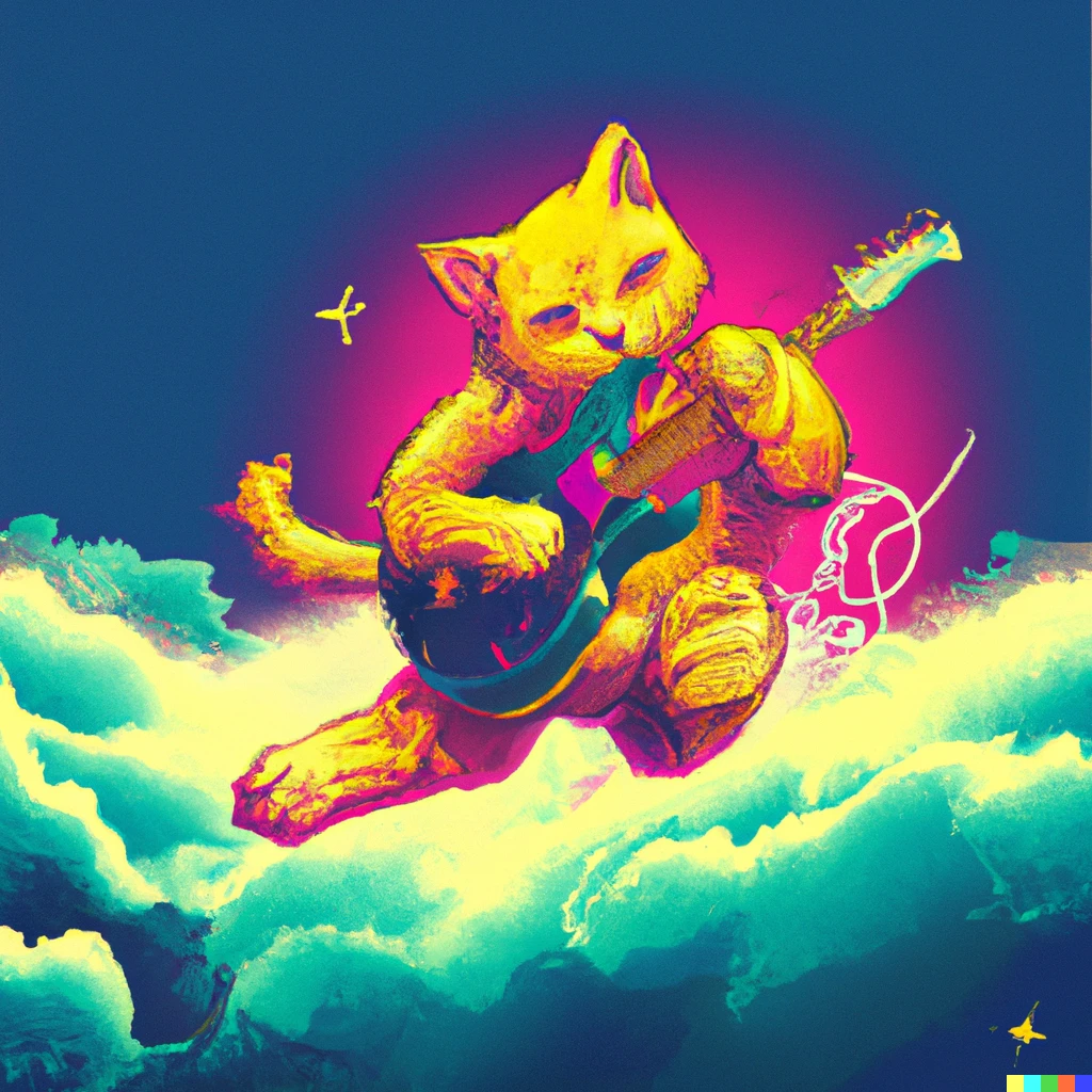Prompt: A golden cat in the clouds playing a guitar, cyber punk