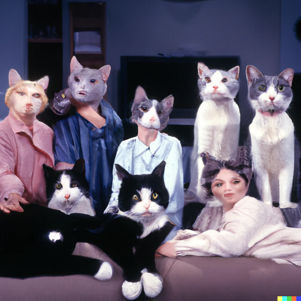 Prompt: 6 humanoid cats starring as Rachel, Monica, Phoebe, Chandler, Ross and Joey, in the TV show Friends. High quality colour photograph. TV still. 1990s. The feeling is comedic and nostalgic.