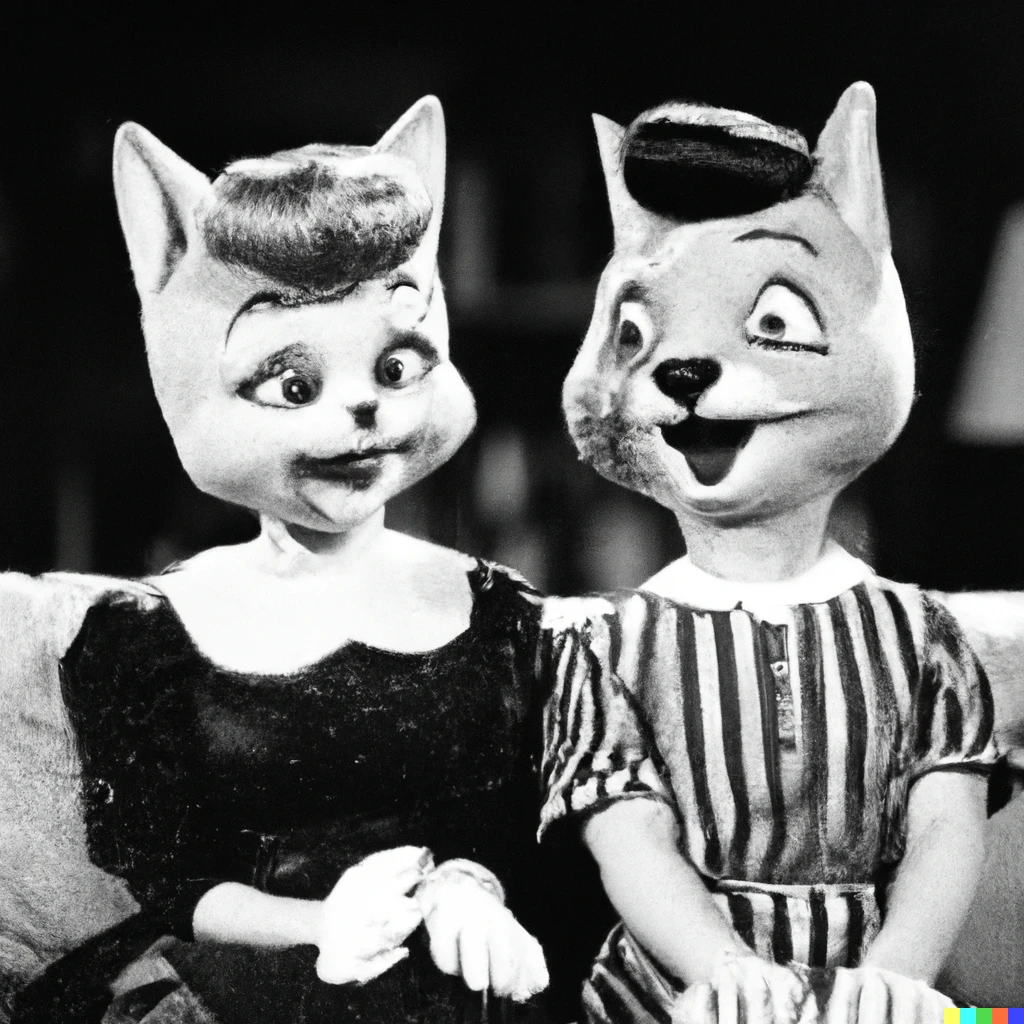 Prompt: 2 humanoid cats starring as Lucy and Ricky in I Love Lucy, original black and white TV show. Black and White photograph. TV still. 1950s. The feeling is jovial