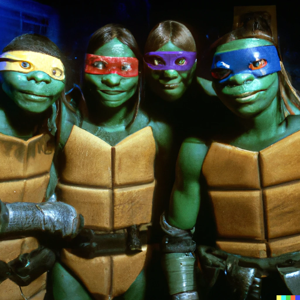 Prompt: The 4 Teenage Mutant Ninja Turtles, but they are human beings. Hi res photograph. TV still. 1990s. The feeling is uber cool and fun.