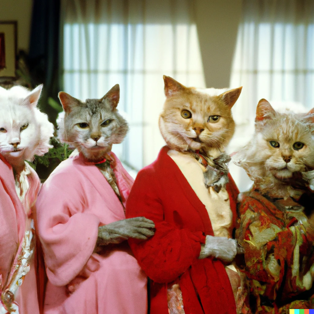Prompt: 4 humanoid cats starring as Dorothy, Rose, Blanche and Sophia in The Golden Girls TV show. High quality colour photograph. TV still. 1980s. The feeling is warm and cheerful.
