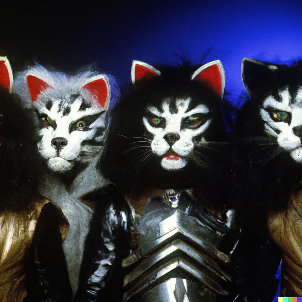 Prompt: 4 humanoid cats starring as Paul Stanley, Gene Simmons, Ace Frehley, and Peter Criss in the rock band Kiss. High quality colour photograph. Press photo. 1980s. The feeling is rock stars and fandom, attractive.