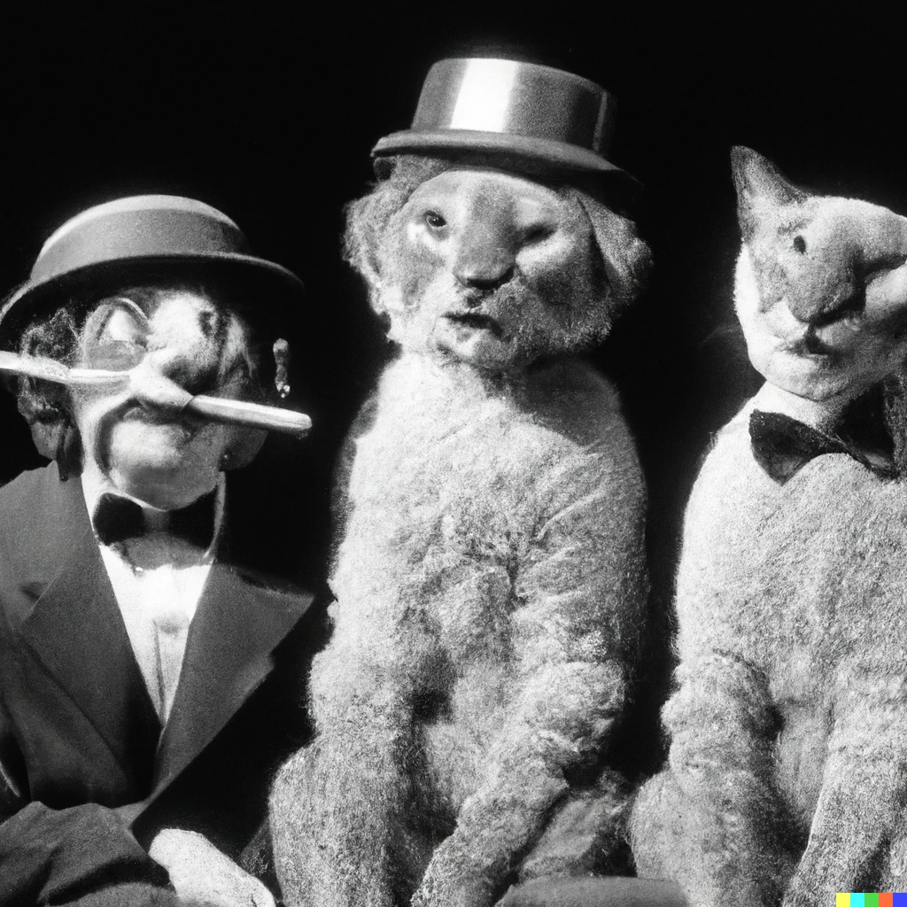 Prompt: 3 humanoid cats starring as Groucho, Harpo and Chico Marx, in the movie A Night At The Opera, original black and white movie. Black and White photograph. Movie still. 1930s. The feeling is sweet and endearing