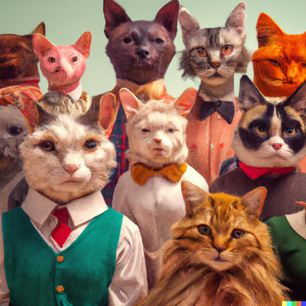 Prompt: The entire cast of a Wes Anderson movie, but they are all humanoid cats. 8k photograph. Vivid colours, bright pastel colours. Hyper realistic. 