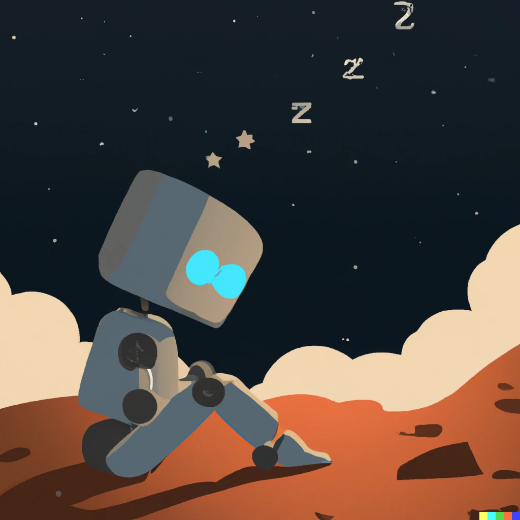 Prompt: a sad robot dreaming humanity on Mars