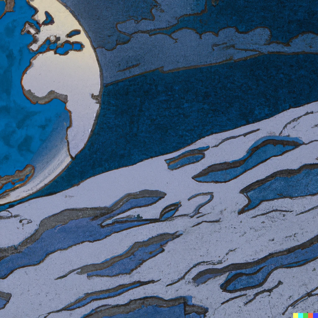 Prompt: A beautiful view of an earthrise from the lunar surface, in the style of Hokusai