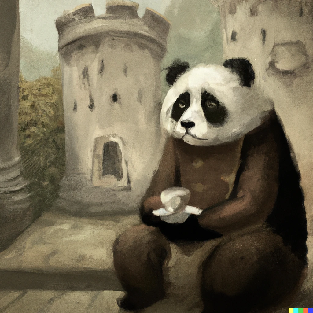 Prompt: a panda philosophizing over a cup of tea in an old British castle