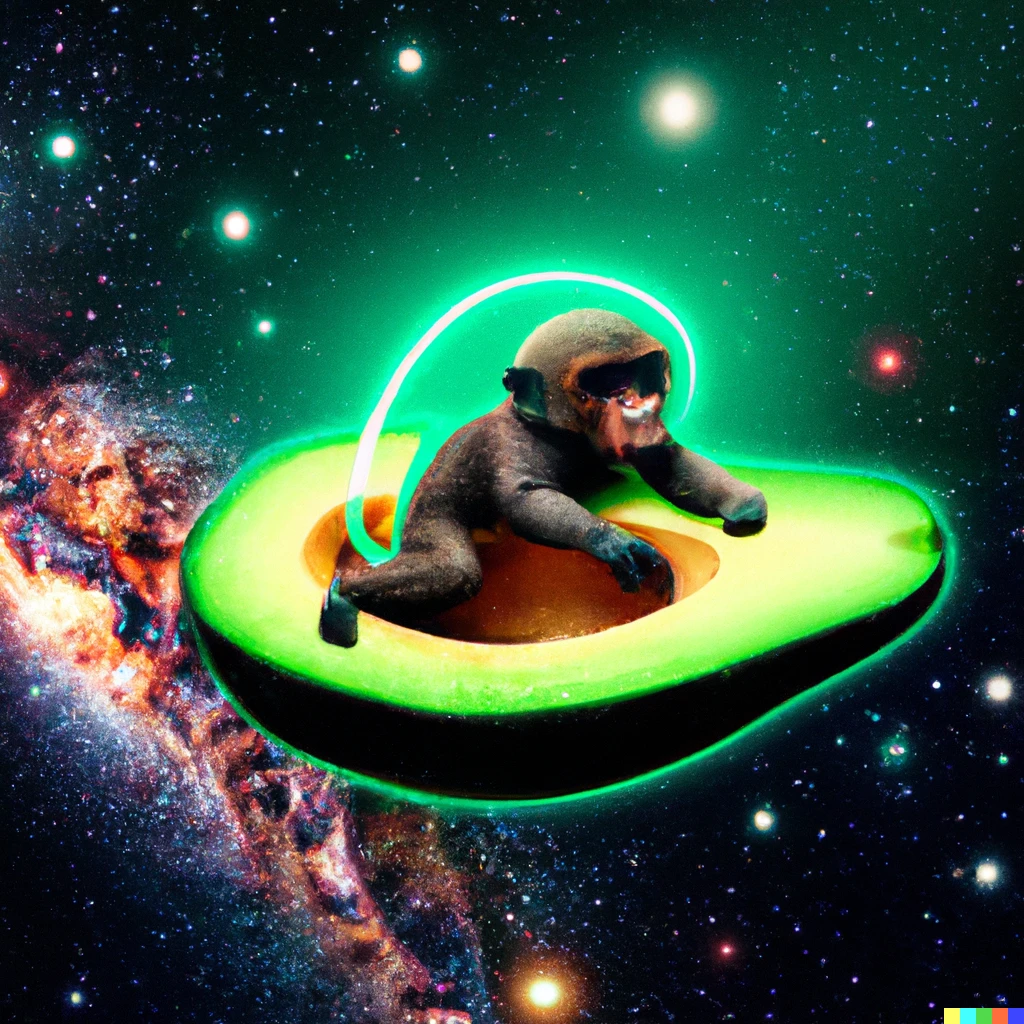 Prompt: A monkey riding an avocado spaceship through the milkyway in the style of synthwave