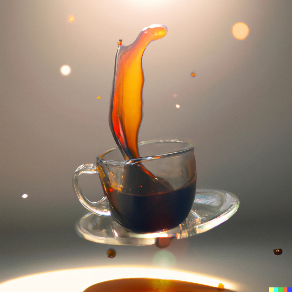 Prompt: a realistic photographic close up of a floating transparent cup of coffee with liquid splashing in zero gravity with light rays refracting through the coffee