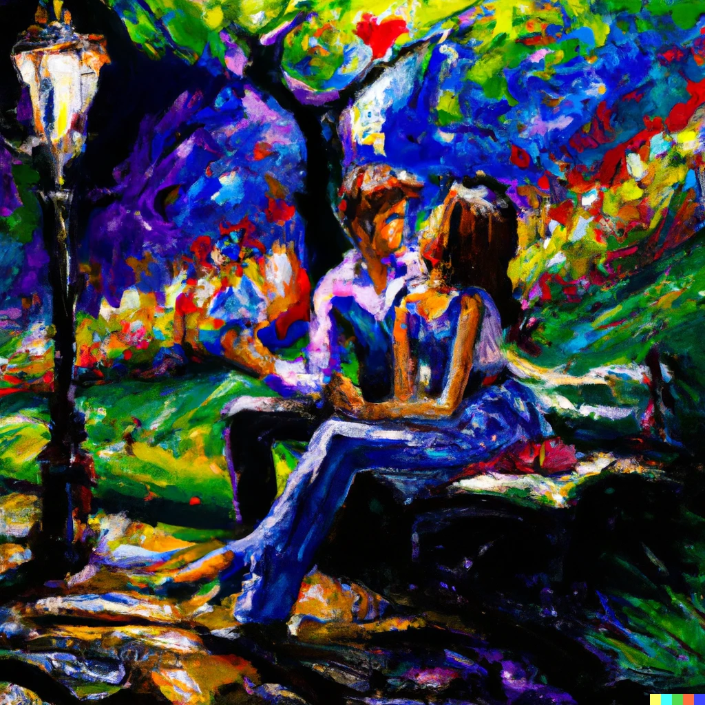 Prompt: an Oil painting of Jace Beleren from Magic the Gathering  and Liliana Vess having a date at the park at night by Leonid Afremov