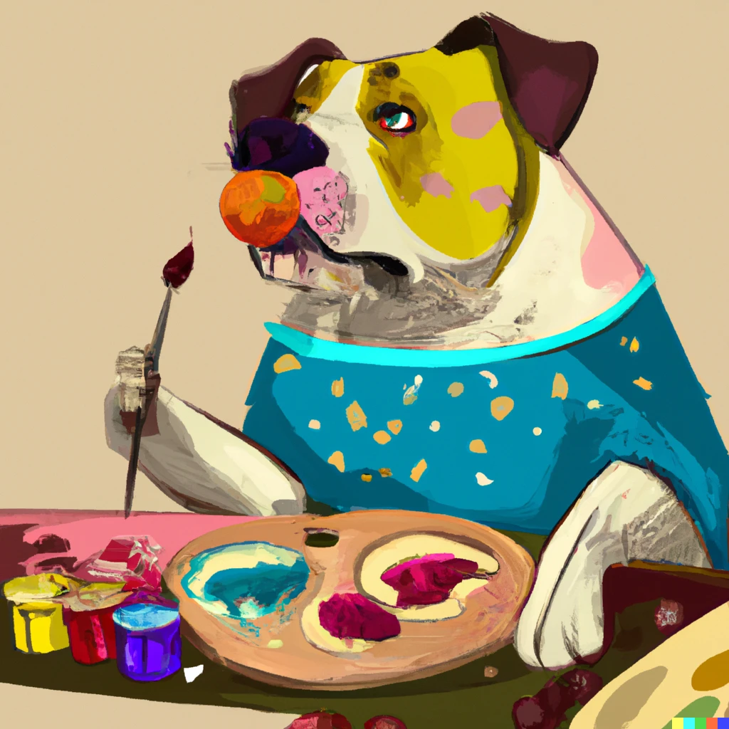 Prompt: Dog artist paints their favorite food.