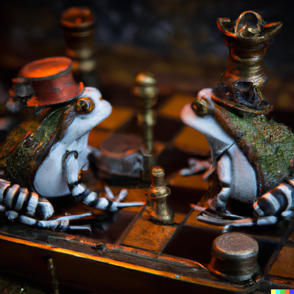 Prompt: two frogs playing a game of chess in steampunk style