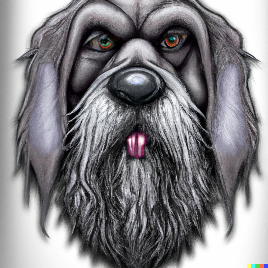 Prompt: Gloomy airbrush cartoon of an dog with a long beard
