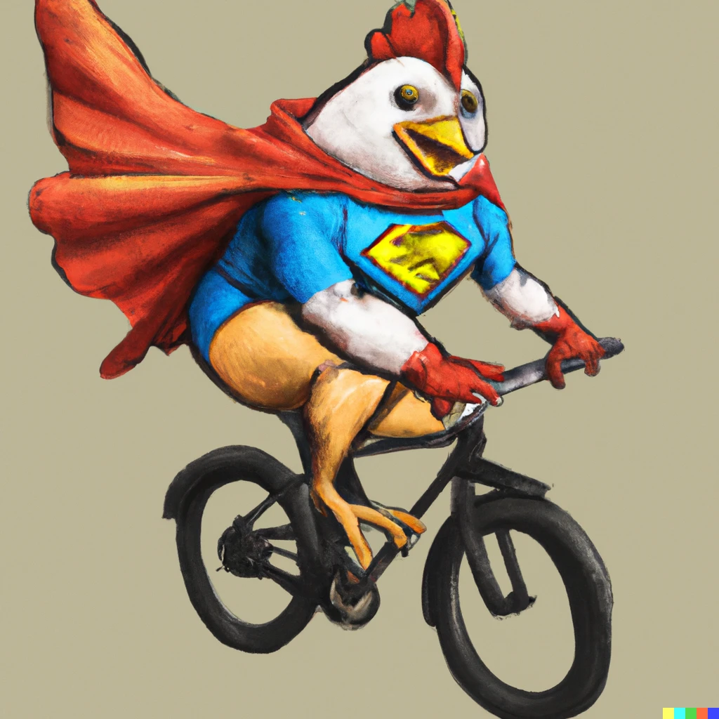 Prompt: a chicken riding a bicycle while smiling and wearing a superman cape, digital art