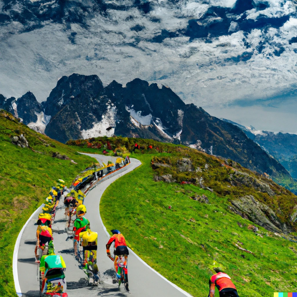 Prompt: wide angle photograph of a colorful peloton of 🚴‍♂️up a 🏔️sythwave