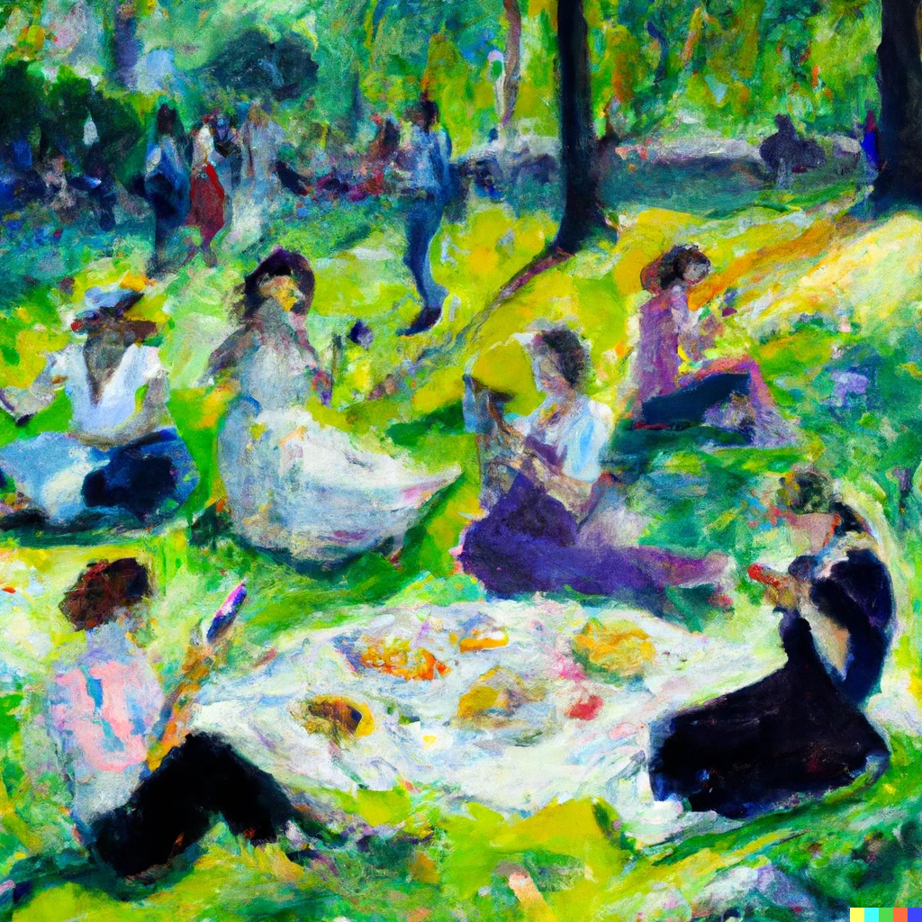 Prompt: Luncheon on the grass by Monet but with people looking at cell phones