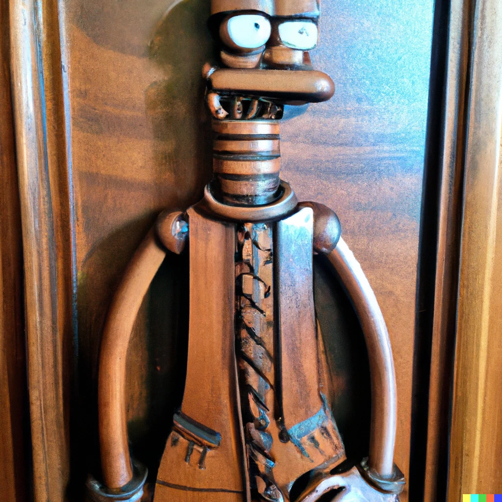 Prompt: an ornate wood carving of Bender from Futurama