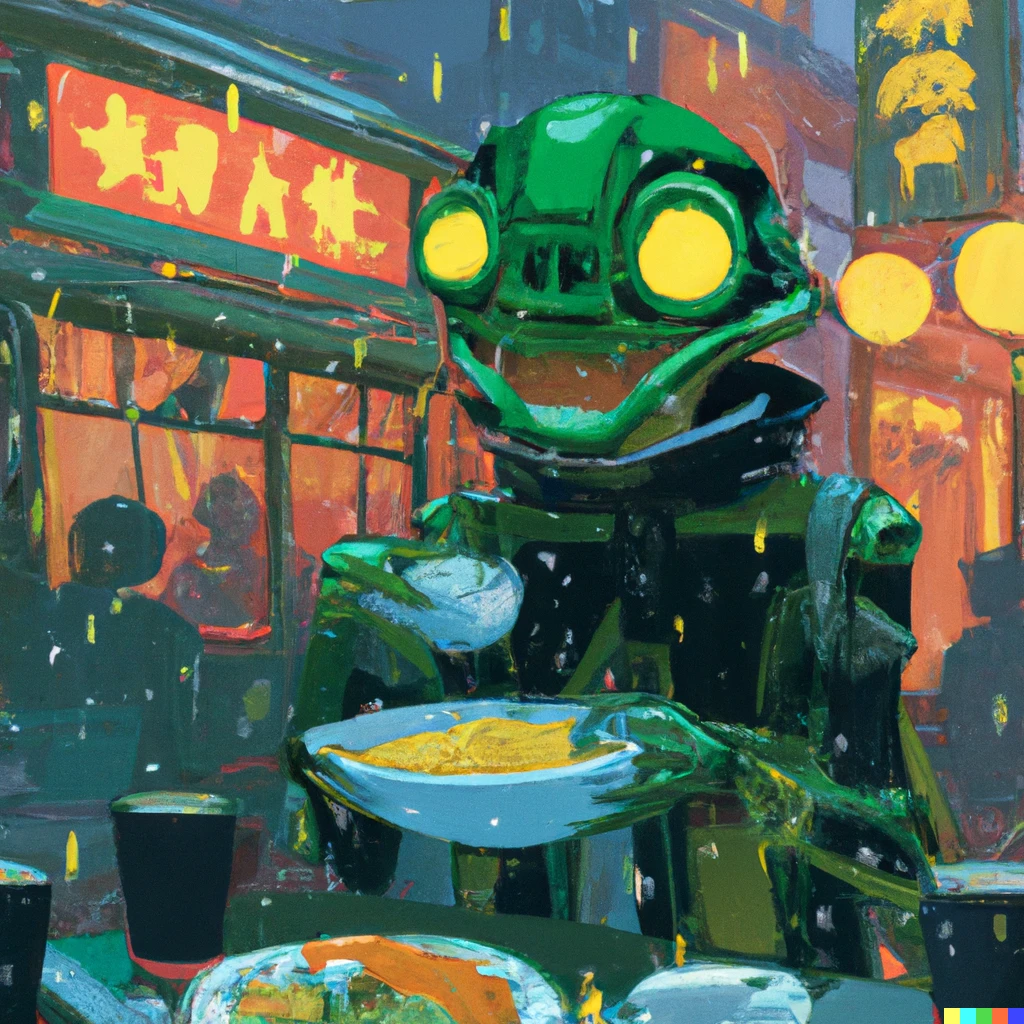 Prompt: Cyborg Kermit the Frog eating noodles at a Ramen bar in a rain-slicked futuristic city
