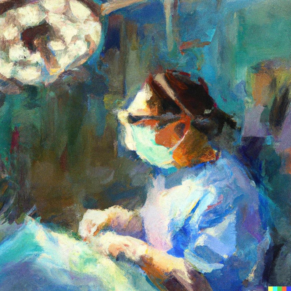 Prompt: oil painting of a female surgeon in the operating room, operating