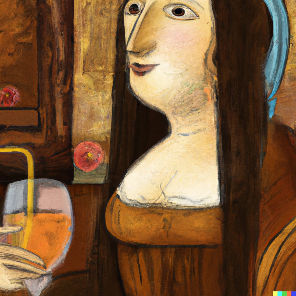Prompt: Gioconda drinking a spritz, Leonardo Da Vinci painting