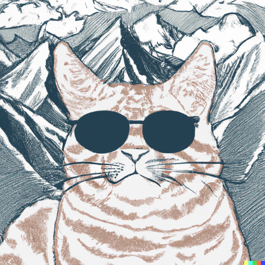 Prompt: drawing of a cat with sunglasses mediating on top of the Himalayas