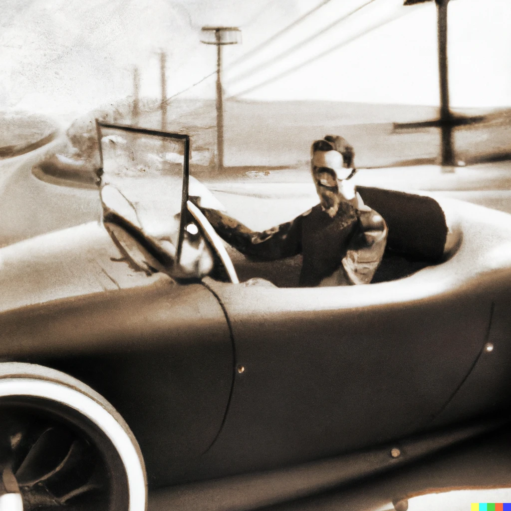 Prompt: Photograph of Nikola Tesla driving a Tesla Roadster