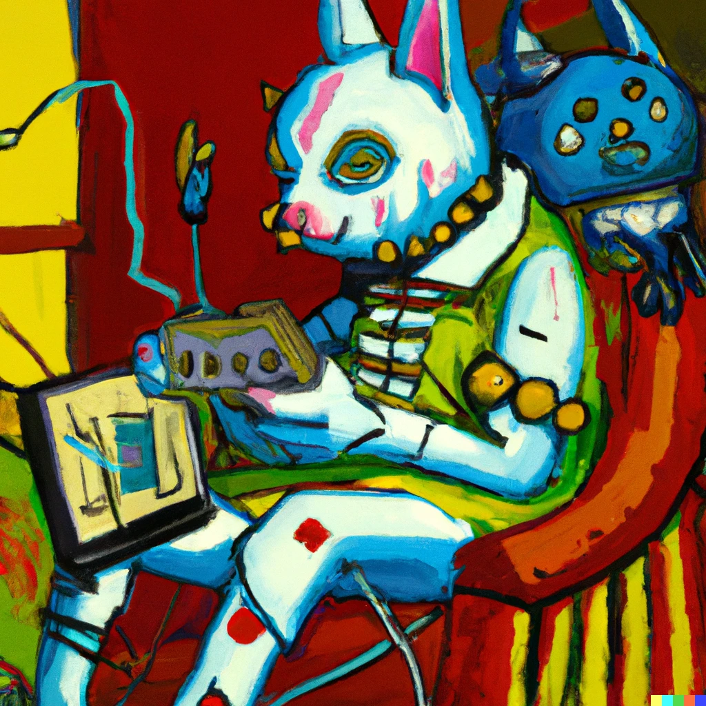 Prompt: an painting by Pablo Picasso of a cyberpunk cat playing nintendo