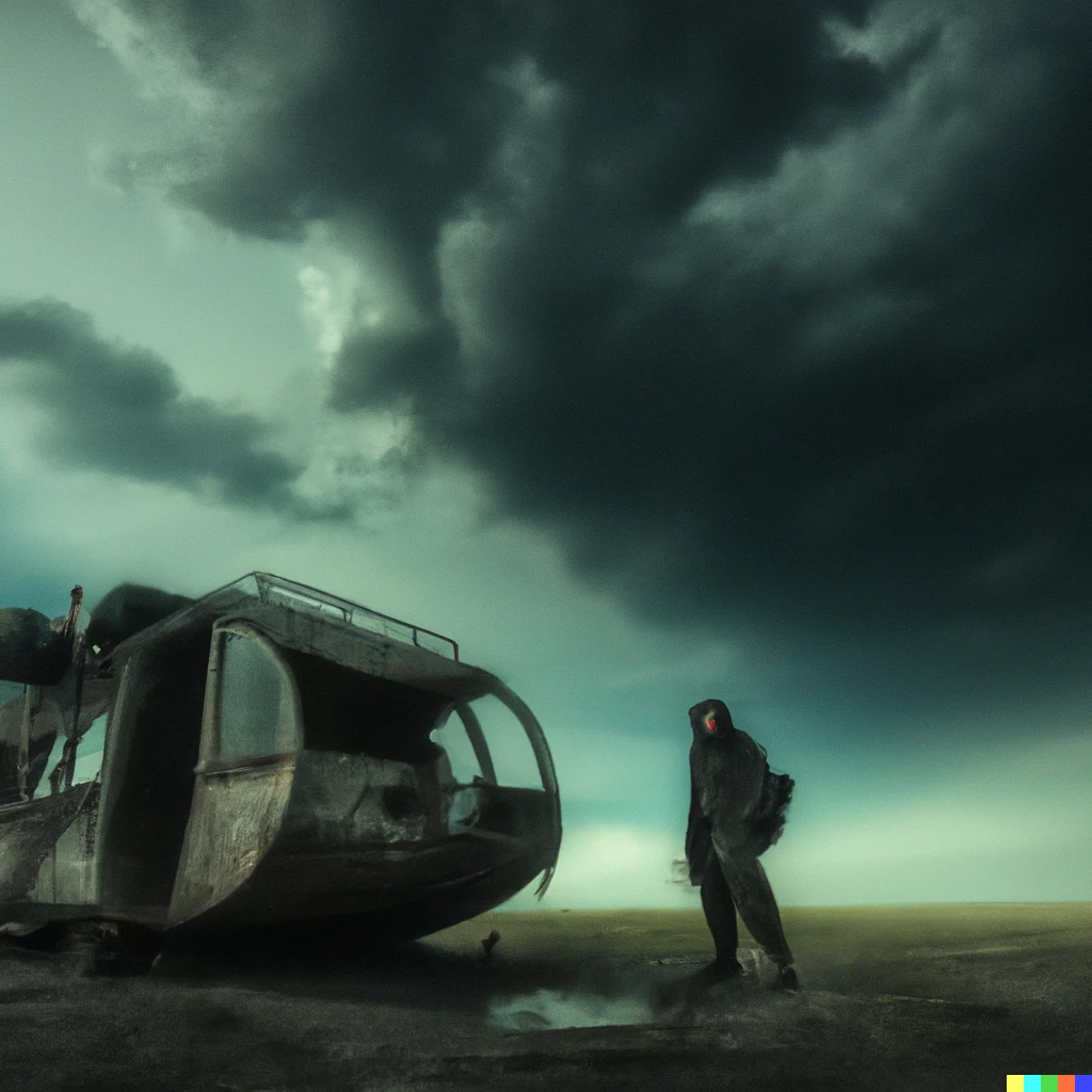 Prompt: wasteland with figure in gas mask standing by post-apocalyptic vehicle under a stormy sky epic photo