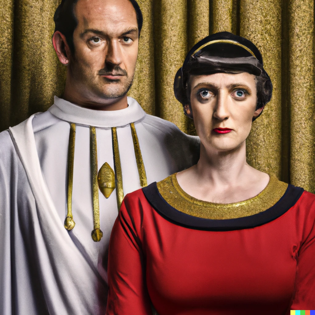 Prompt: Mark Antony and Cleopatra in the style of  Grant Wood's American Gothic 