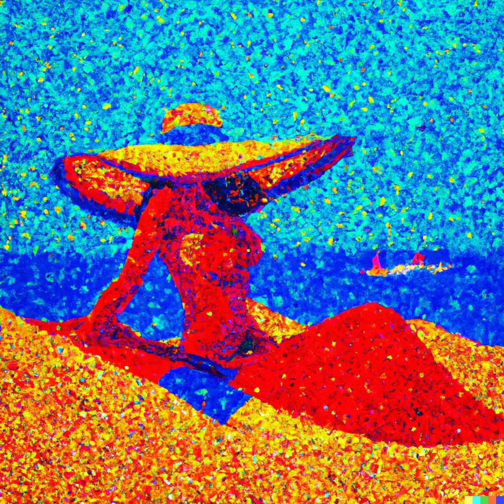 Prompt: painting of woman in a red bikini and large hat basking in the scorching sun, on the beach, in a Paul Signac style