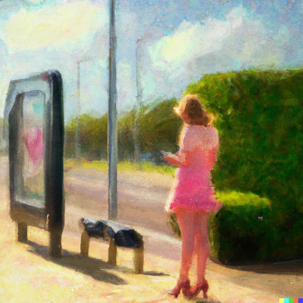 Prompt: painting of a young woman absorbed in thought, in pink mini dress, looking at her cellphone while wating at a bus stop, on an empty road, in Willem Maris impressionist style