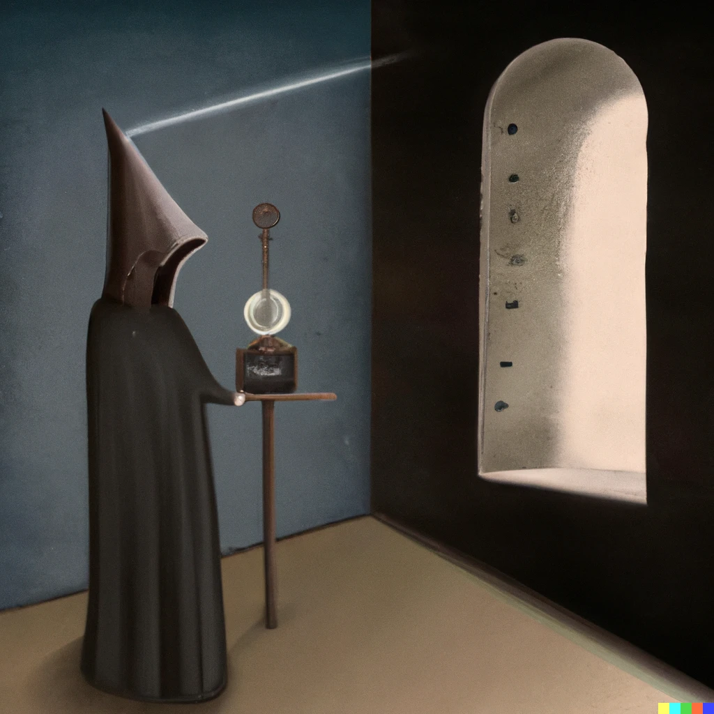 Prompt: surrealist painting of the Grim Reaper as a metronome in a dark room