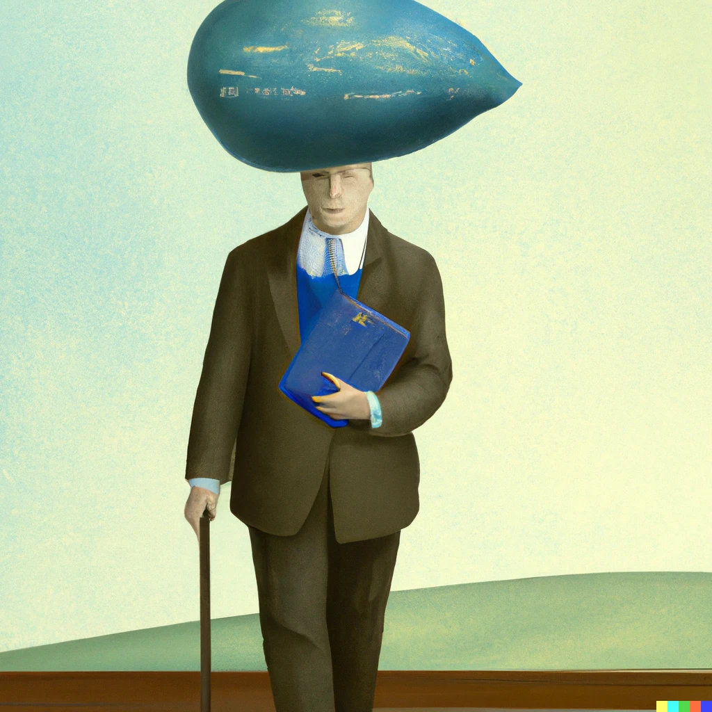 Prompt: painting of poet carrying the weight of his poem in a Rene Magritte style