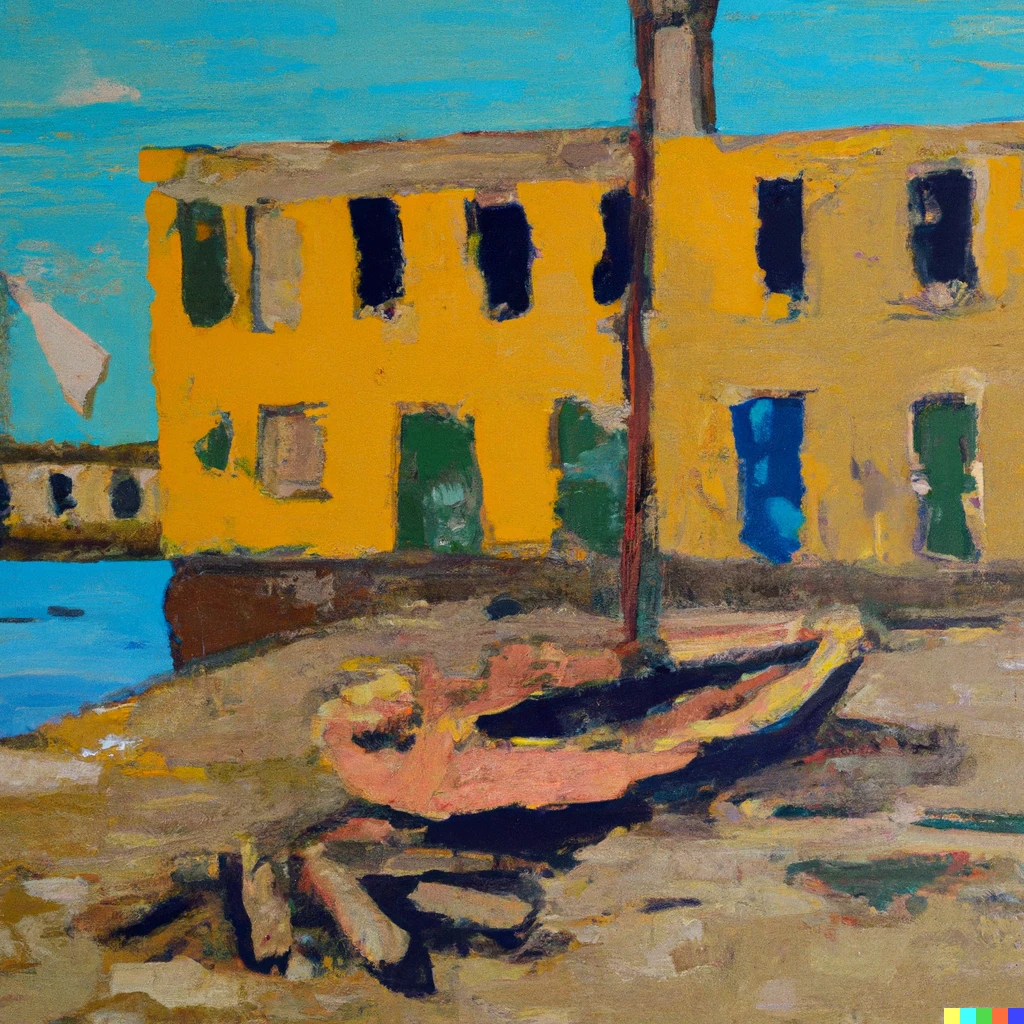 Prompt: painting of wrecked caïque, on a dilapidated quay, beside an old school building, in Andre Derain style
