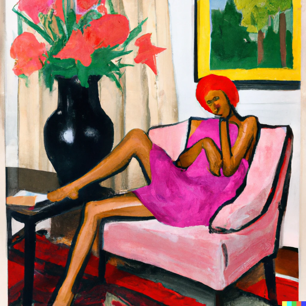 Prompt: painting of a young black woman with dyed pink hair in a red mini skirt reclining on a sofa beside a table with a vase with white lilies, in Christian Schad expressionist style