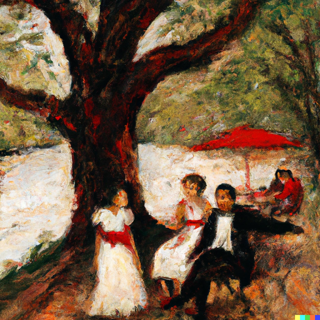 Prompt: painting of a family: girl in white dress, woman in red dress and man in black suit,  white shirt and brown bow-tie, sitting in outdoor cafe under a oak tree, near a river, in Max Liebermann style 