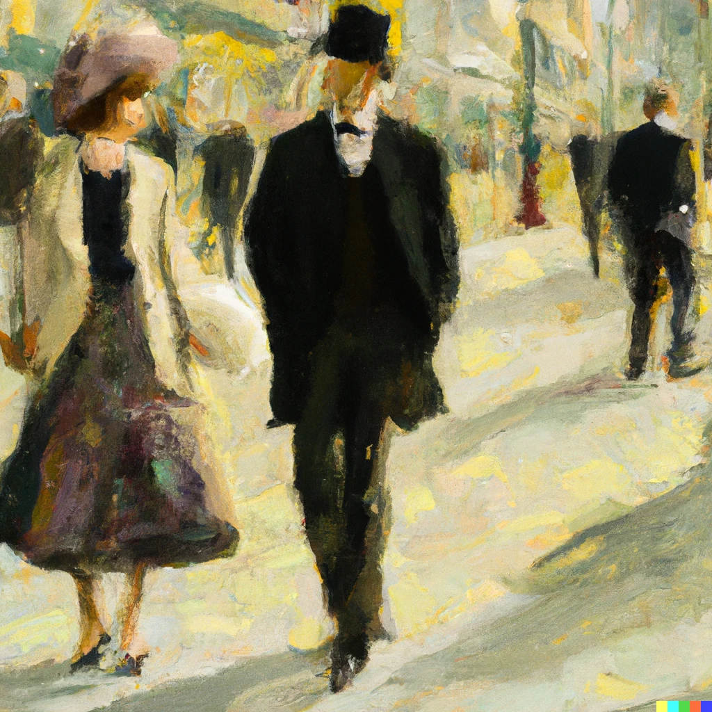 Prompt: painting of upper middle class couple walking on the pavement of a busy Parisian boulevard in 19th century clothes, in impressionist style 