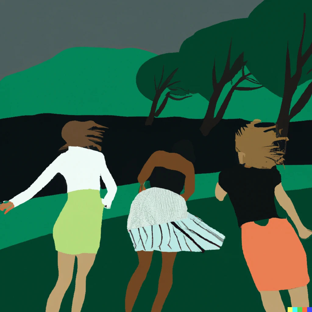 Prompt: three girls trying to control their mini skirts during a sudden gust of wind, while walking beside a river, lush vegetation,  in a Rene magritte style 
