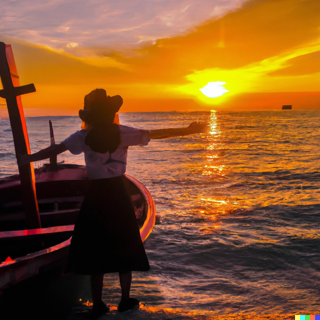 Prompt: Woman in the beach with a boat in the sea, see the sunset 