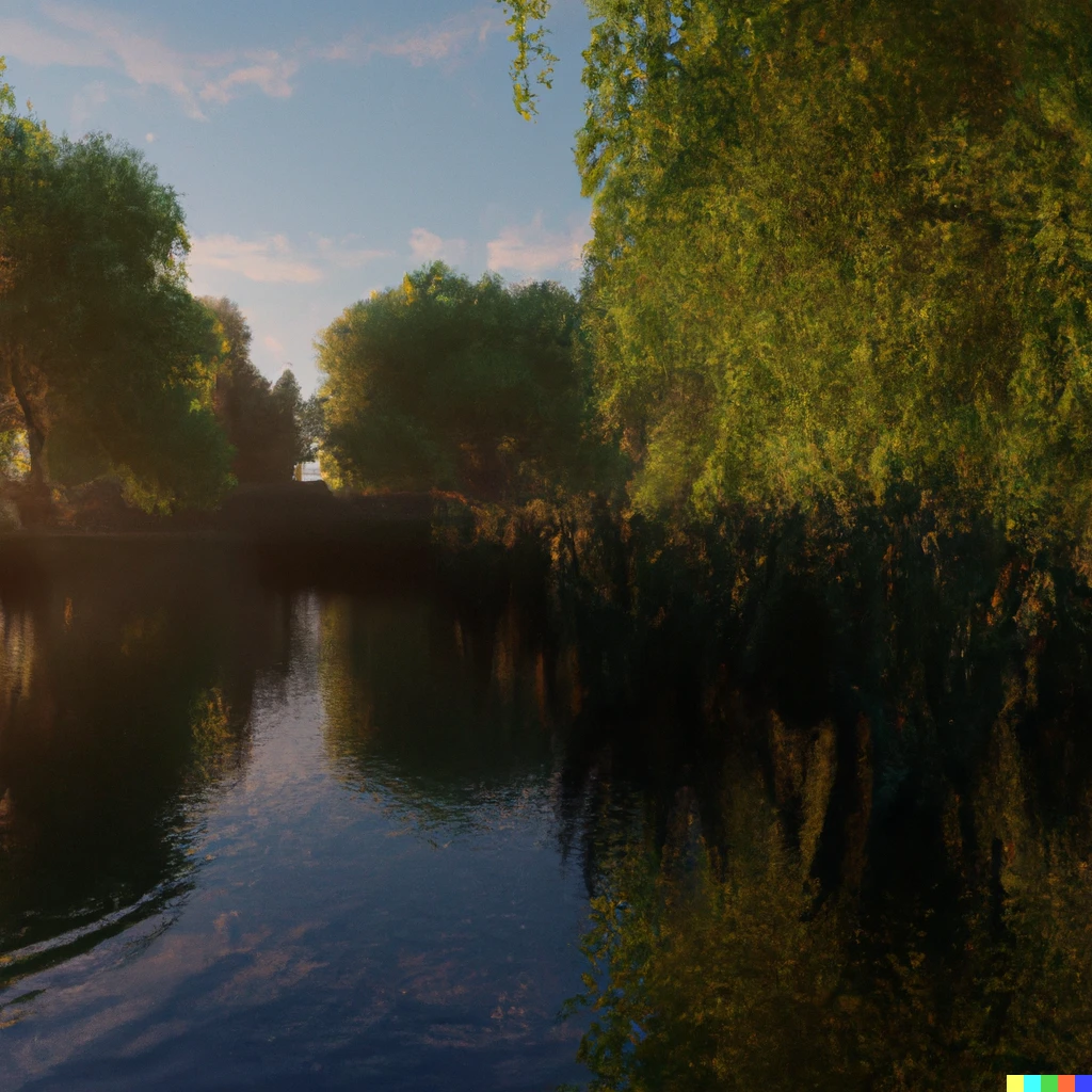 Prompt: insanely detailed image of a hyper realistic pond, surrounded by beautiful willow trees, 8k resolution, HDR, intricate textures, ambient occlusion, gorgeous sunset
