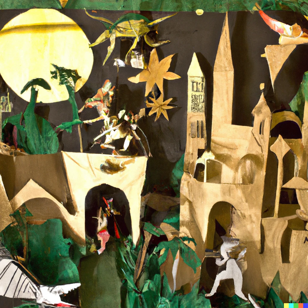 Prompt: hieronymus bosch garden of earthly delights made of cardboard