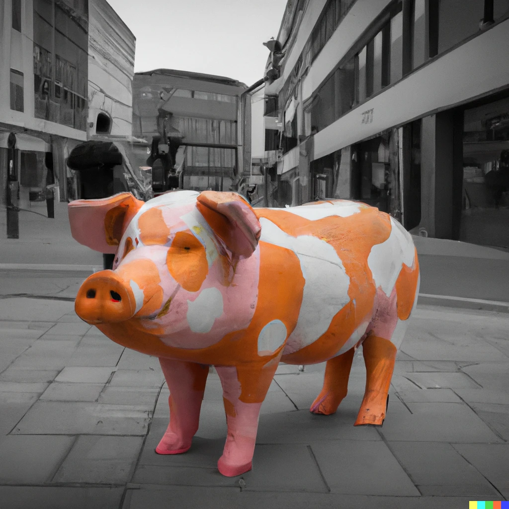 Prompt: a colour photo of a colourful pig in the centre of a city street with greyscale buildings as scenery