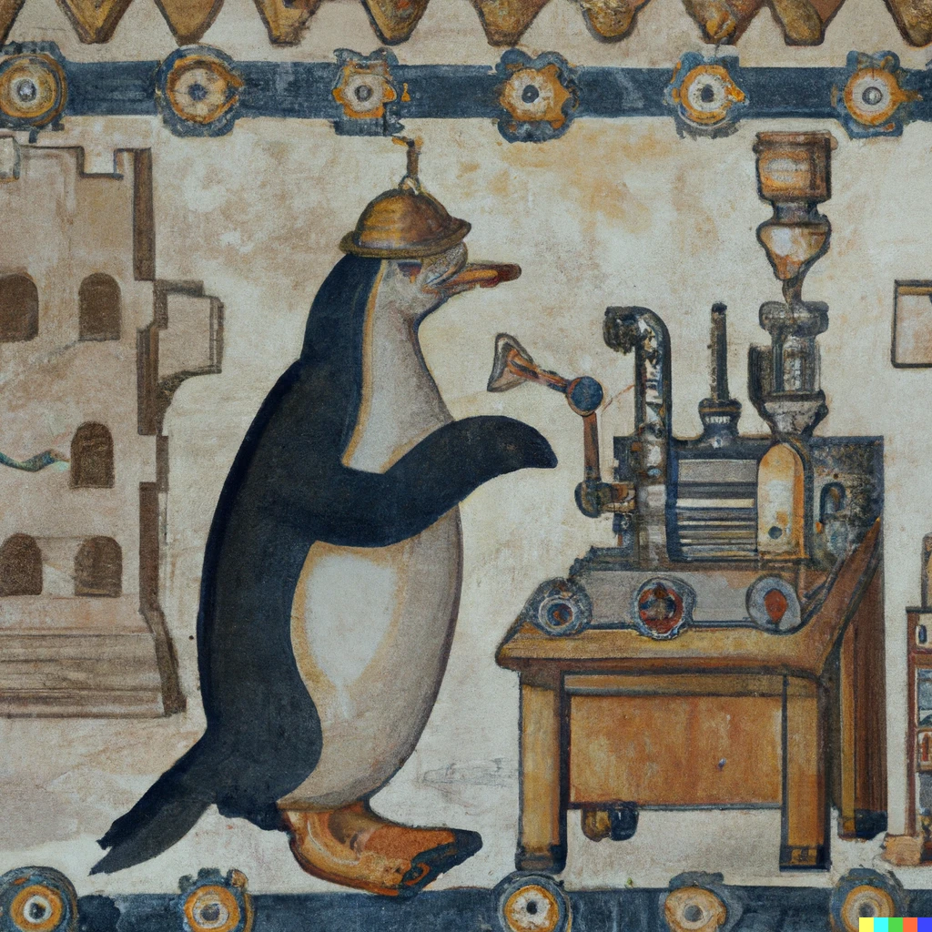 Prompt: Medieval fresco of a penguin operating a Babbage analytical engine