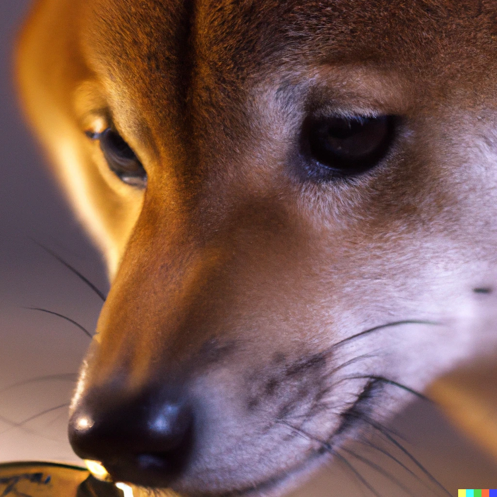 Prompt: Shiba inu staring intently at a coin, close up, studio lighting, backlit, 8k, award winning